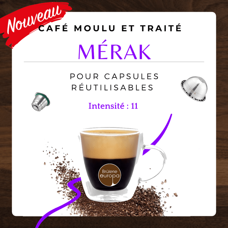 Merak - Café moulu et traité pour capsule réutilisable Nespresso